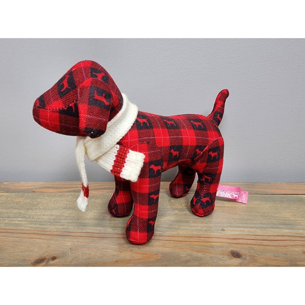 Victoria Secret PINK Plush Dog Red Black Checker Plaid Rare 2007 Limited Edition